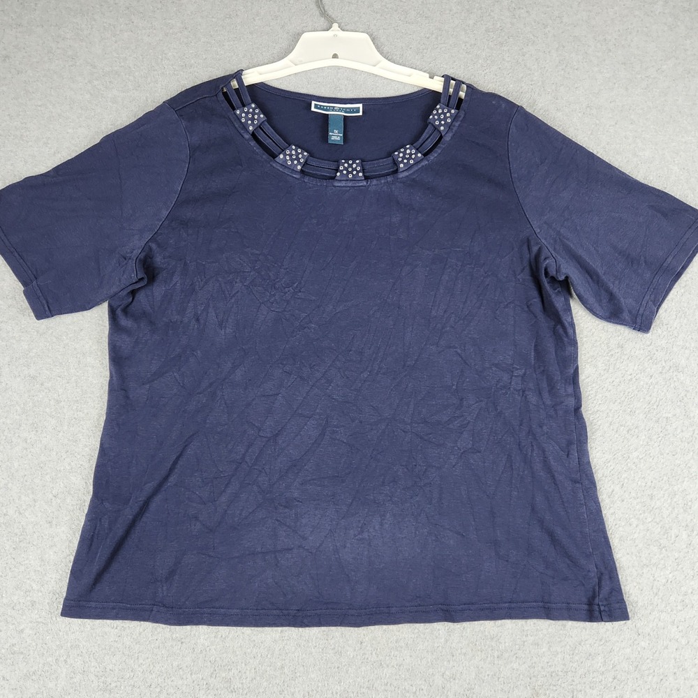 Karen Scott Top Women 1X Navy Blue Short Sleeve Studded Round Neck Everyday Wear